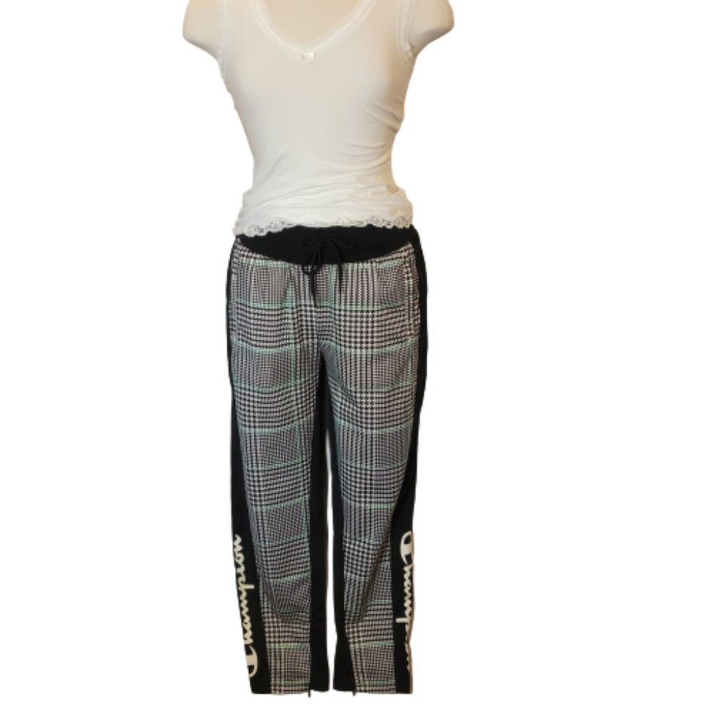 Champion Womens Plaid Elastic Draw Waist Joggers Size M Blk/Green Pockets